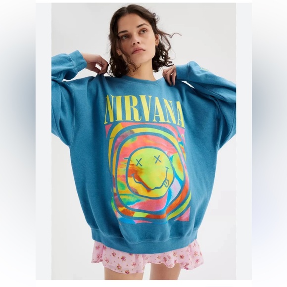 Urban Outfitters Nirvana Smily Face Overdyed Sweatshirt Blue - Picture 7 of 15